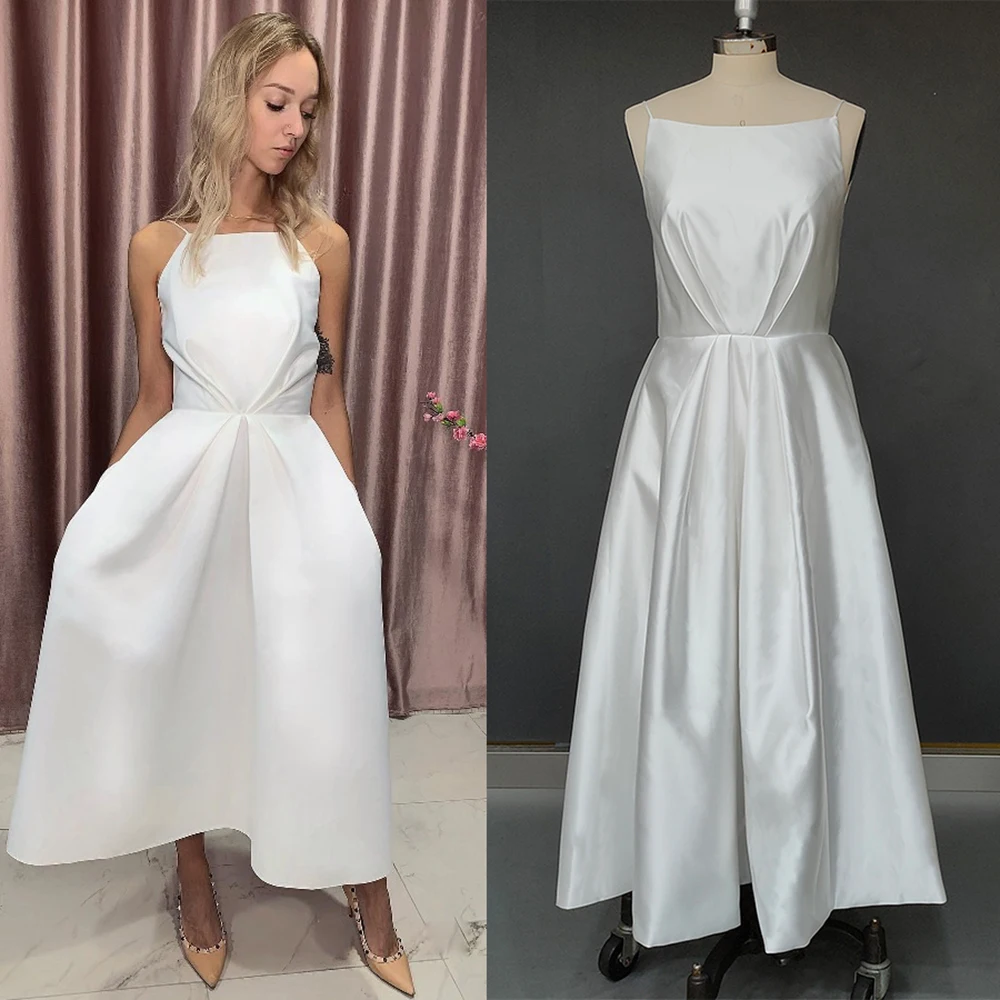 Real Photos Calf Length Simple Satin Second Wedding Dress Backless Thin Straps Minimalist Ruched Low Waist Ivory Bridal Gown