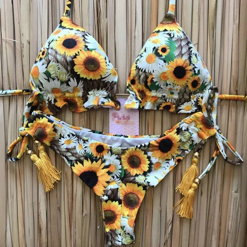 Seksowny kwiatowy Print strój kąpielowy 2 sztuk stroje kąpielowe Push Up Micro String Bikini zestaw wyściełane kobiety stringi brazylijskie stroje