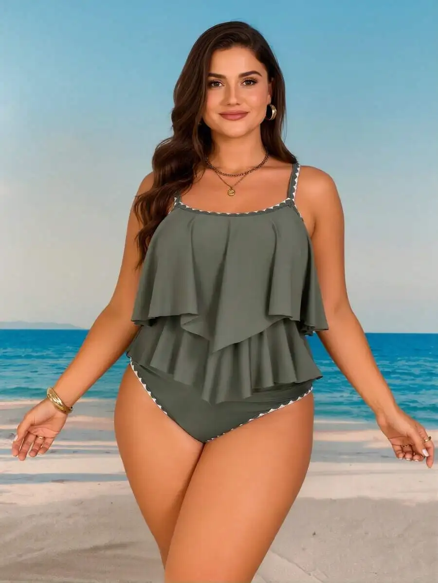 

Plus Size Tankini Swimsuit For Women Two Piece Ruffled High Waisted Modest Bathing Suit