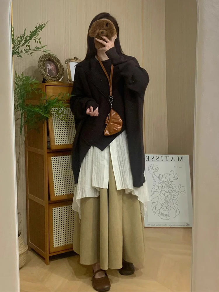 

Retro Chic Long Loose irt + Asymmetrical Sweater + Wide Leg Pants Tee Piece Set for Young Women Winter Faion Ensemble
