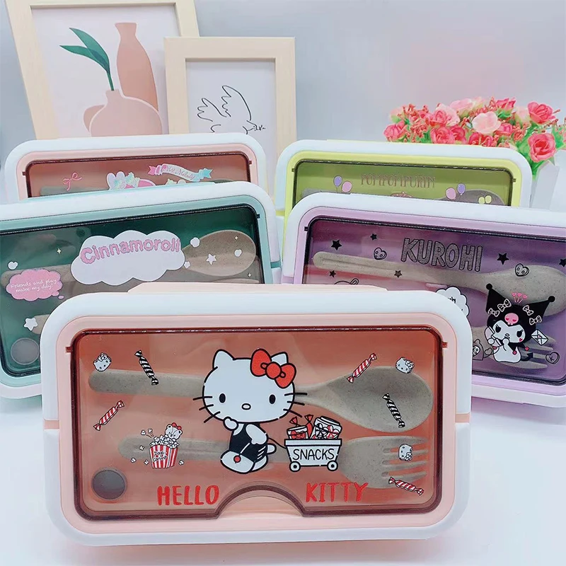 Hello Kitty Kuromi Melody Cinnamoroll Cartoon Plastic Lunch Box With Handheld Multi-compartment Lunch Box Fast Food Box