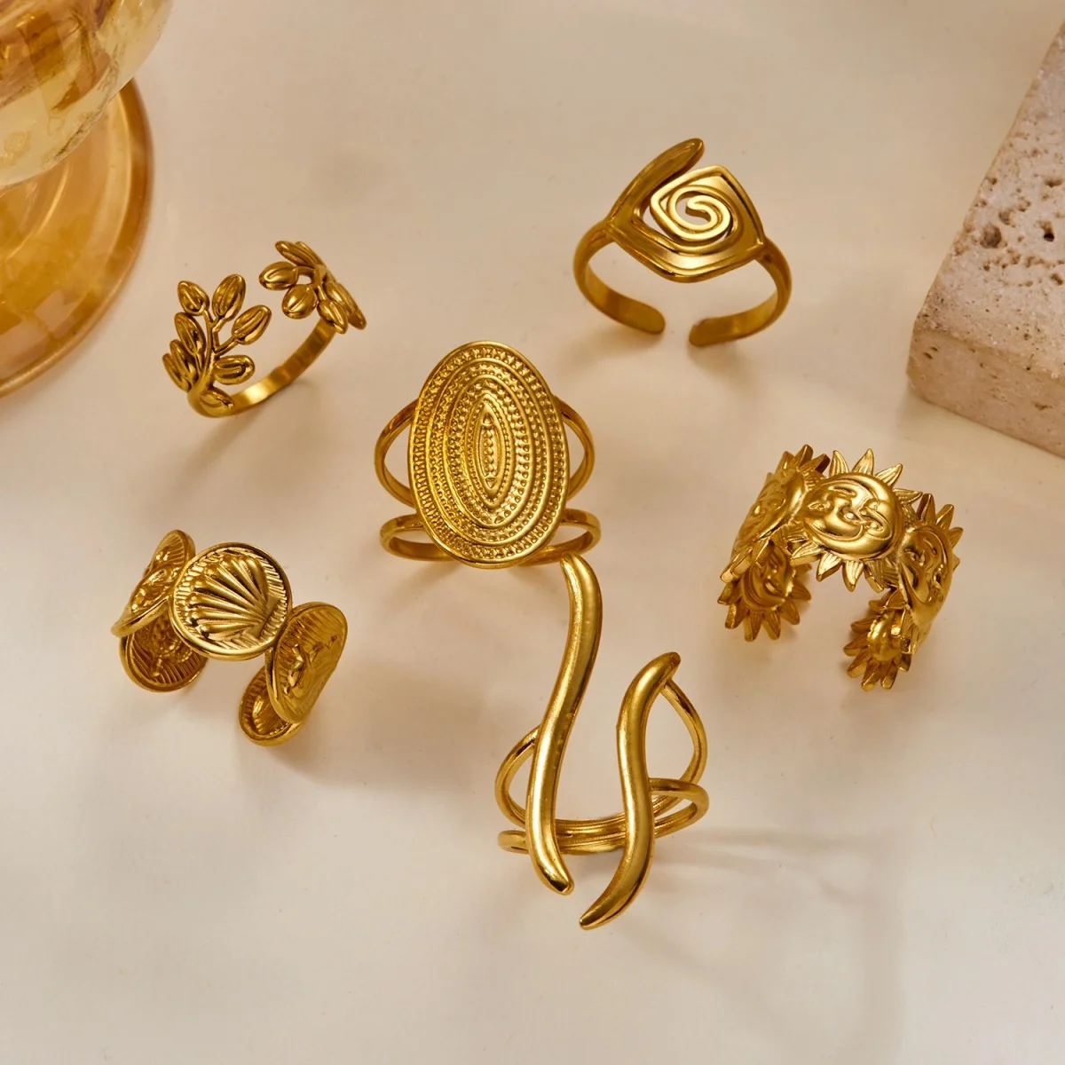 Vintage Edelstahl-Ringe mit Sonnenblumen- und Blattmuster für Damen und Herren, Punk-Mode, geometrischer Spiral-Oval-Fingerring, Schmuck – Detail 23