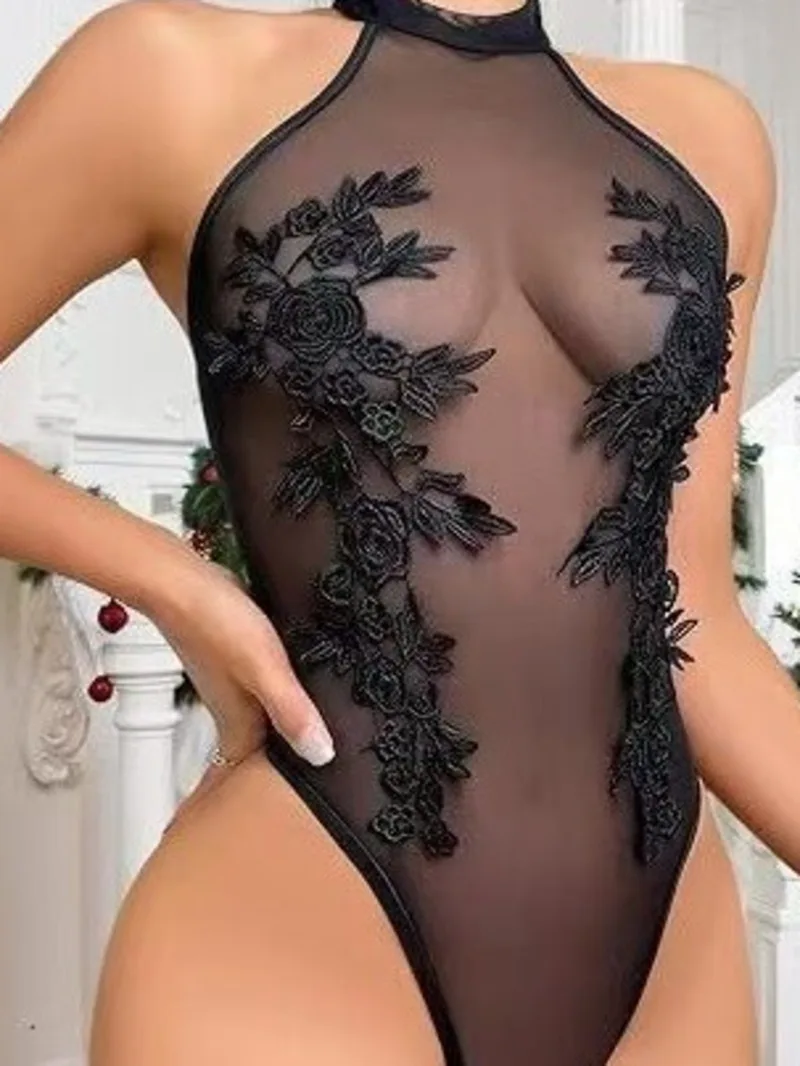 New Sexy Flower Embroidery Solid Color Bodysuits Transparent For Women Hanging Neck Off-the-shoulder Bodysuits Charming BIGX