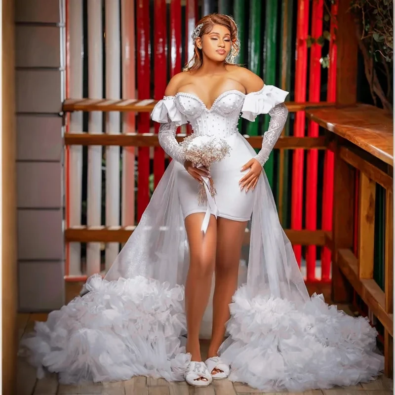 

2026 New Short Wedding Dress For Bride With Detachable Train Off Shoulder Beaded Lace Bridal Bride Party Gowns Vestidos De Noiva