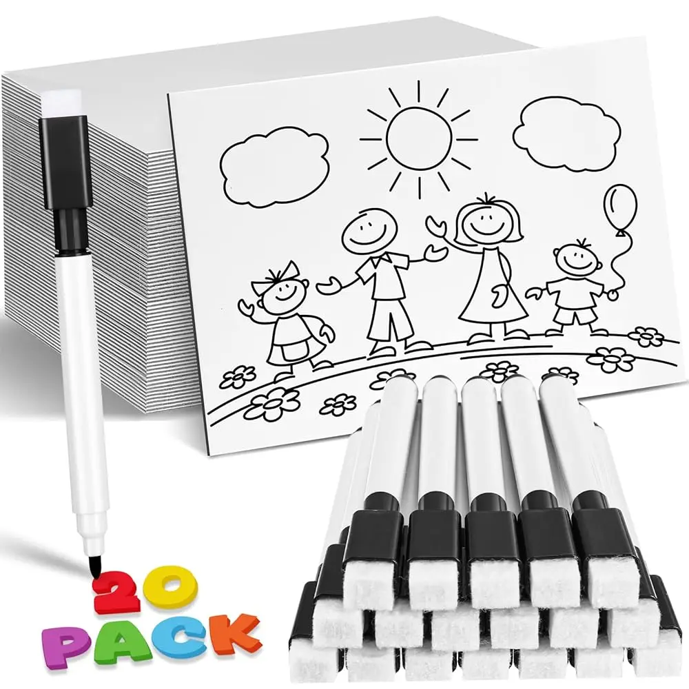 

20 комплектов досок для сухого стирания для детей, 11 x 8 дюймов, двусторонние маленькие белые доски и маркеры для сухого стирания с ластиком в крышке, мини-наборы