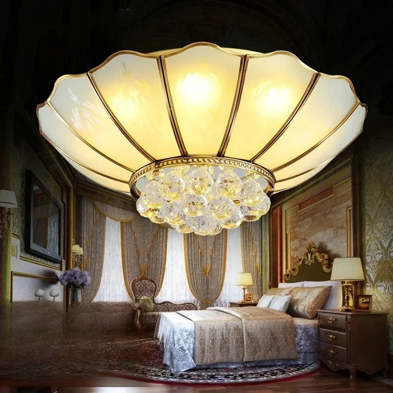 

European Full Copper Top Light Circular Crystal Light LED American Full Copper Living Room Restaurant Baolian Full Copper Light