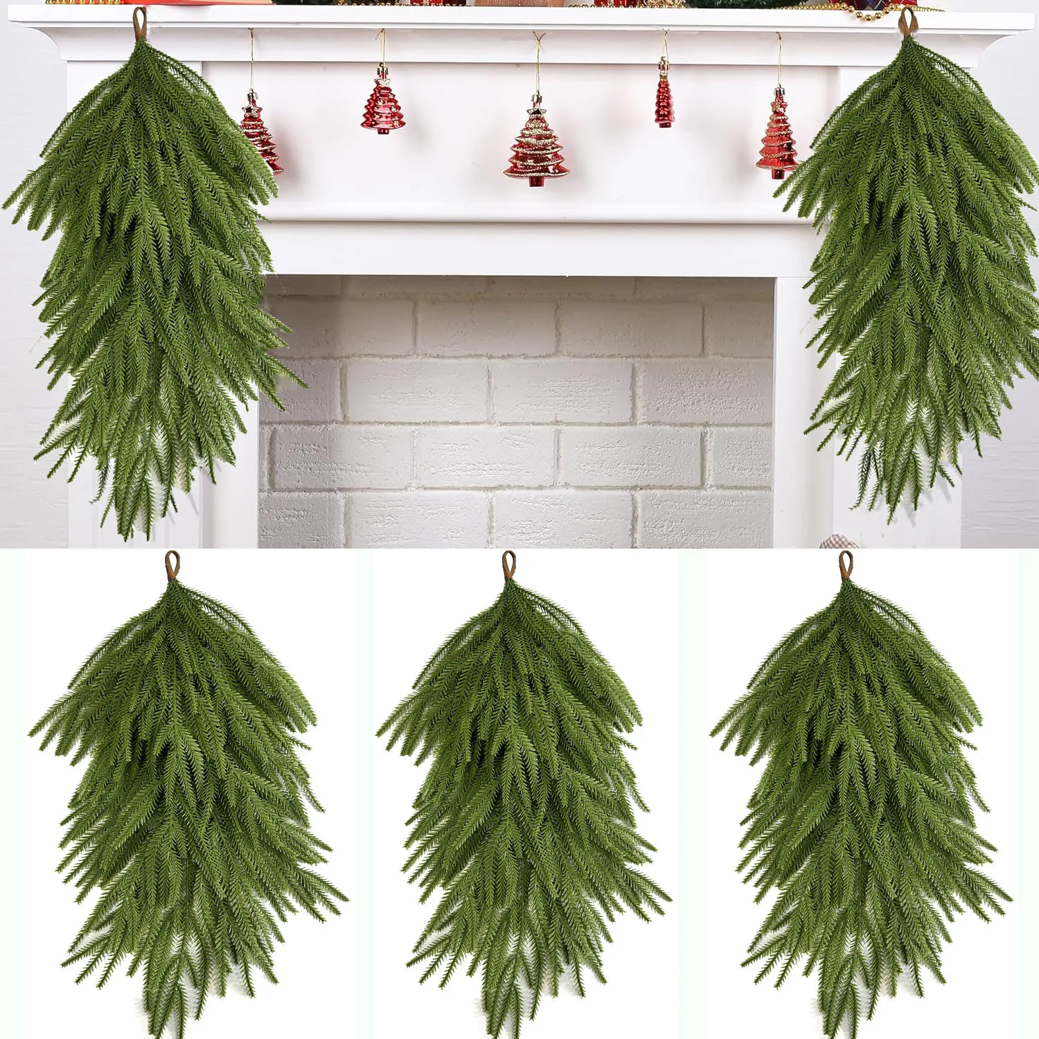 Yannew 2 قطعة عيد الميلاد الاصطناعي نورفولك الصنوبر يتأرجح الأخضر دمعة إكليل للباب الأمامي الموقد درج عباءة ديكور المنزل