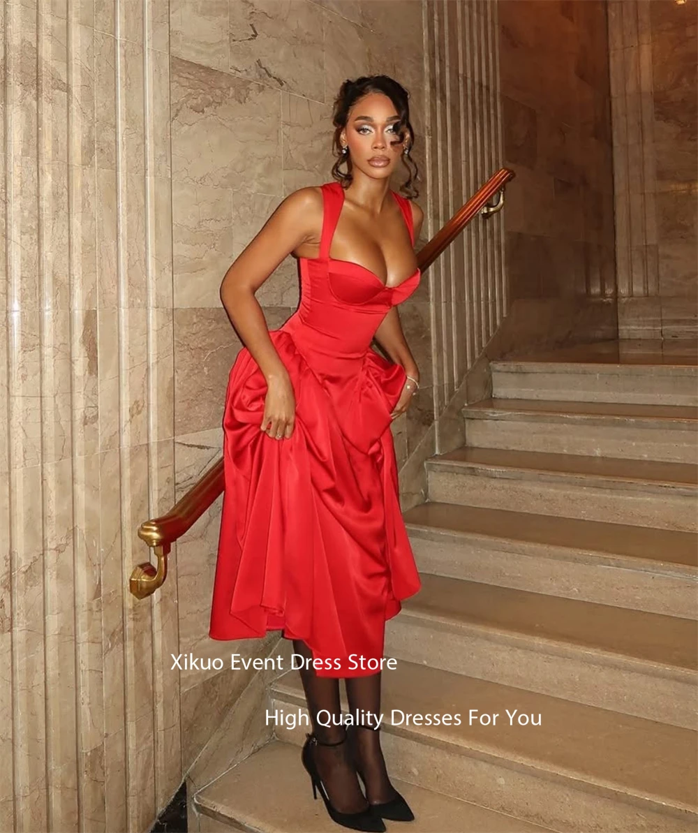 Xikuo Red Satin A Line Evening Dresses Spaghetti Straps Pleated Ankle Length Robes De Soirée Pleated Prom Dresses Customized