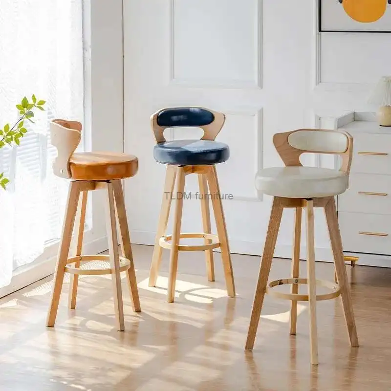 

European Solid Wood Bar Chairs Retro Kitchen Furniture Creative Rotating Back High Bar Chair Luxury Home Cafe Front Desk stool