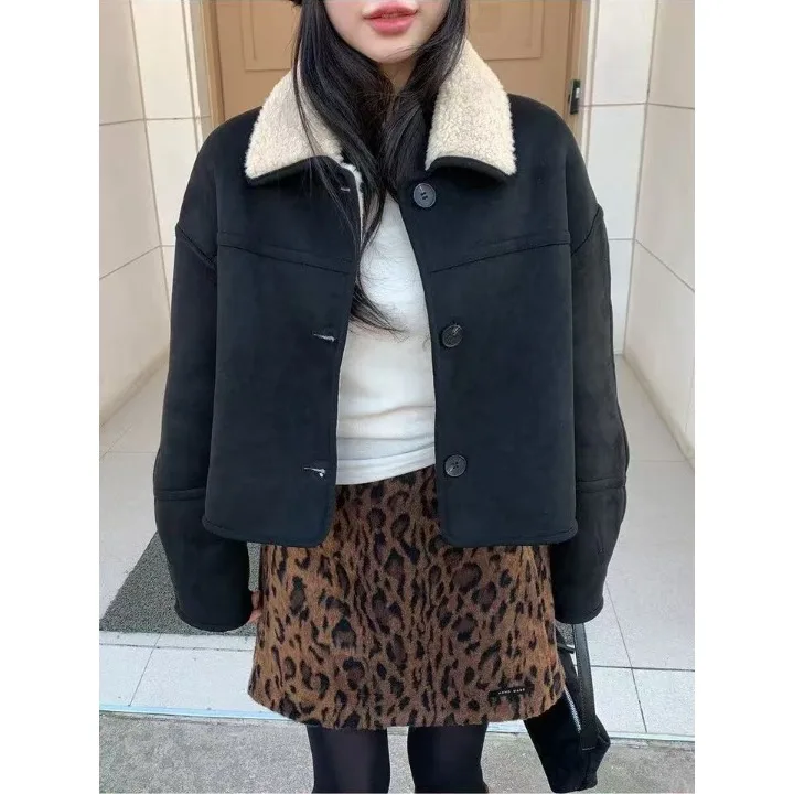 Winter Faionable Retro Nertsen ort Jas Dames Single Button Revers Bont en Leer Geïntegreerde Bovenkleding Koreaanse Sle Lente...