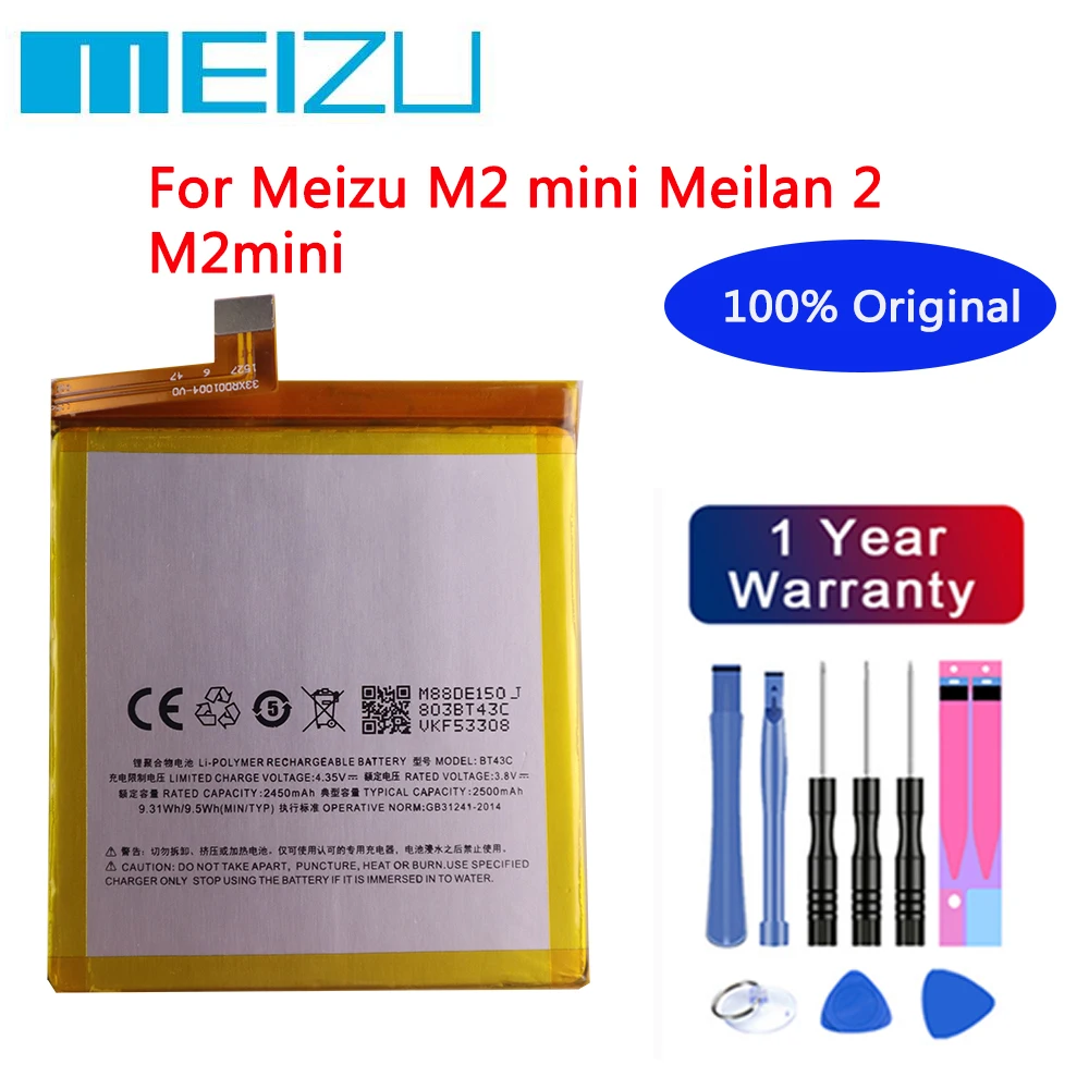 

High Quality 100% Original Battery BT43C For Meizu M2 mini Meilan 2 M2mini 2500mAh Smart Mobile Phone Batteries Batteria + Tools