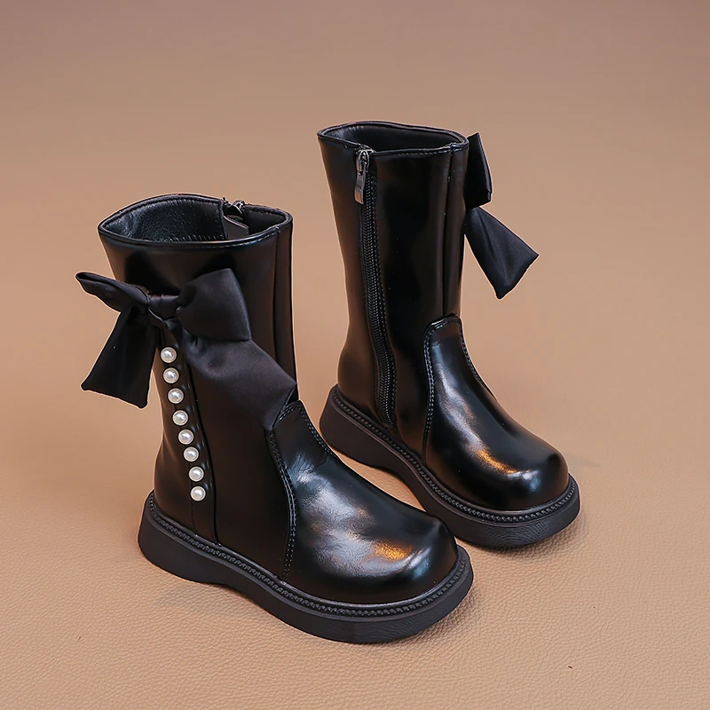 girls princess style leather boots with side beaded bow 2025 new winter kids mid-calf boots
