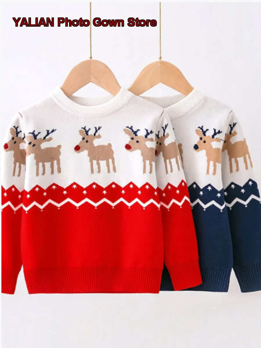 Kids Christmas Boys Autumn Winter Thickened Knit Top Girls Cartoon Base Layer Baby New Year Clothes