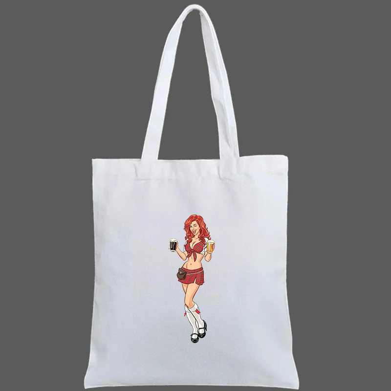 Beer Girls Graphic Shoulder Bag Student Female Handbag Reusable Shopping Bags Canvas Tote Bag Hand Bags For Shopping