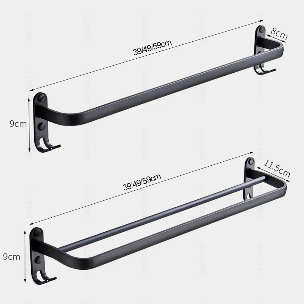 Matte Zwarte Handdoek Bar 40-60Cm Dubbele Rail Met Hook Wall Mount Staaf Plank Aluminium Douche Rack Hanger badkamer Houder Accessoires