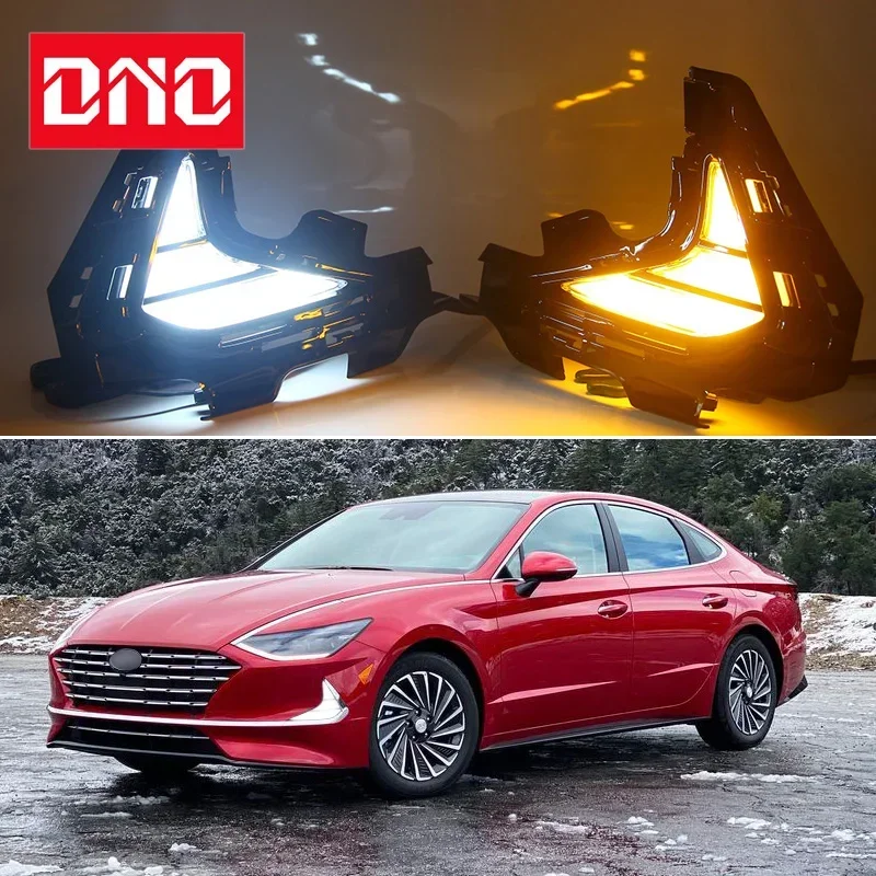 Car DRL LED 12V Daytime Running Lamps For Hyundai Sonata 2020 2021 2022 Auto Daylights Yellow Turn Signal12V Car Foglamp