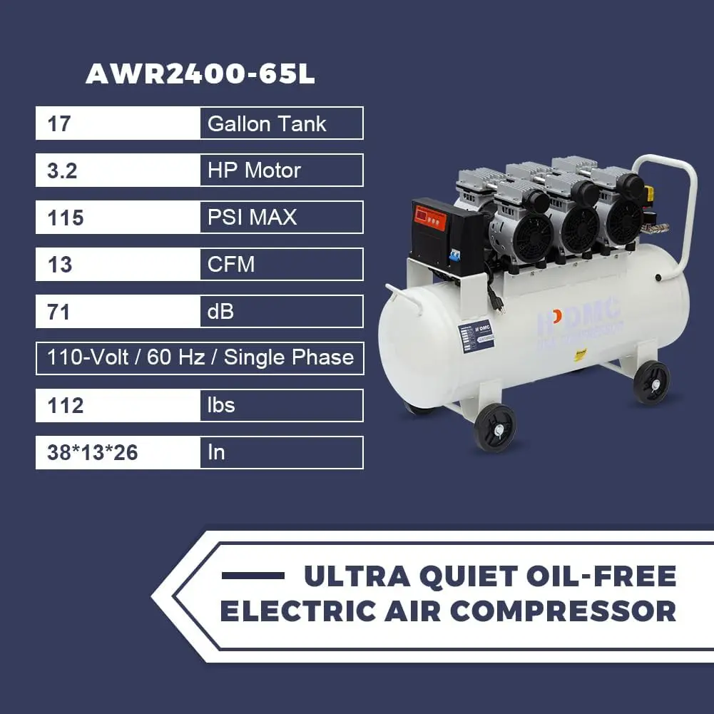 Ultra Quiet Air Compressor 3 Oil Free Peak 115 PSI Pressure 71 Decibel Air Compressor 6.86 CFM@ 90PSI Portable Long Life