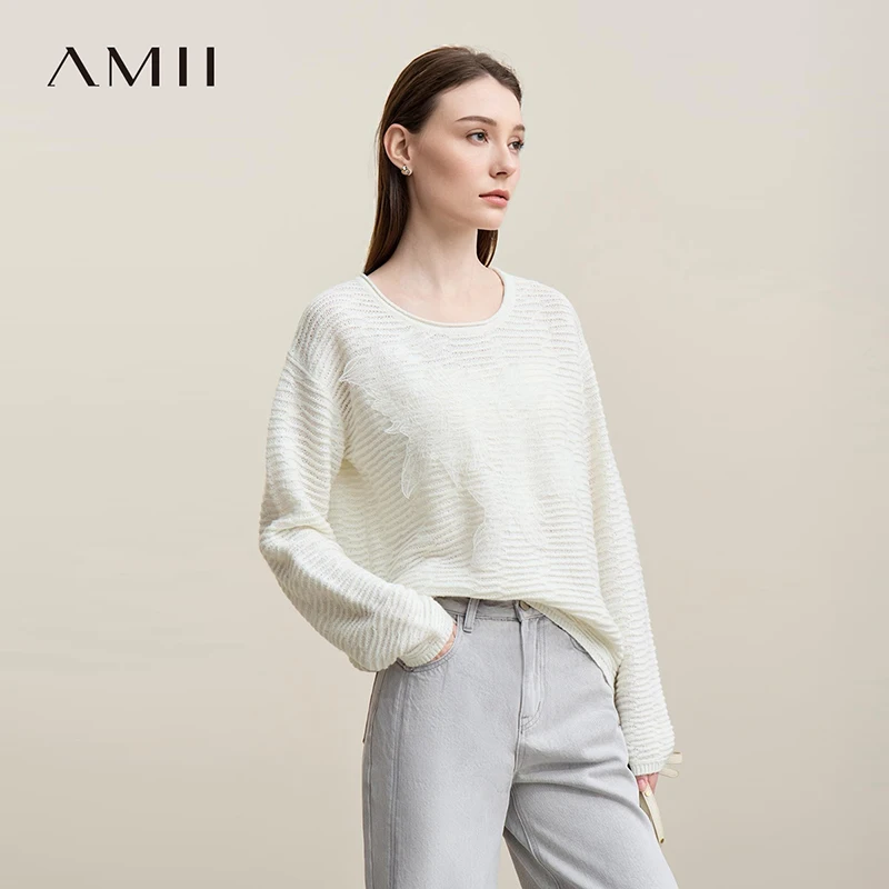 Amii Knitted Pullover 2026 Autumn New Crew Neck Drop Shoulder Sleeves Sweater Women's Lace Patchwork Solid Color Top 12621093