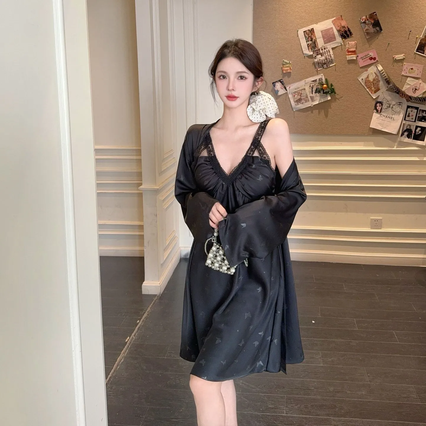 หญิงเสื้อคลุมอาบน้ํา Nightdress ชุดซาตินบ้าน Jacquard ซาติน Robe ชุดนอน V คอชุดนอนสวมใส่