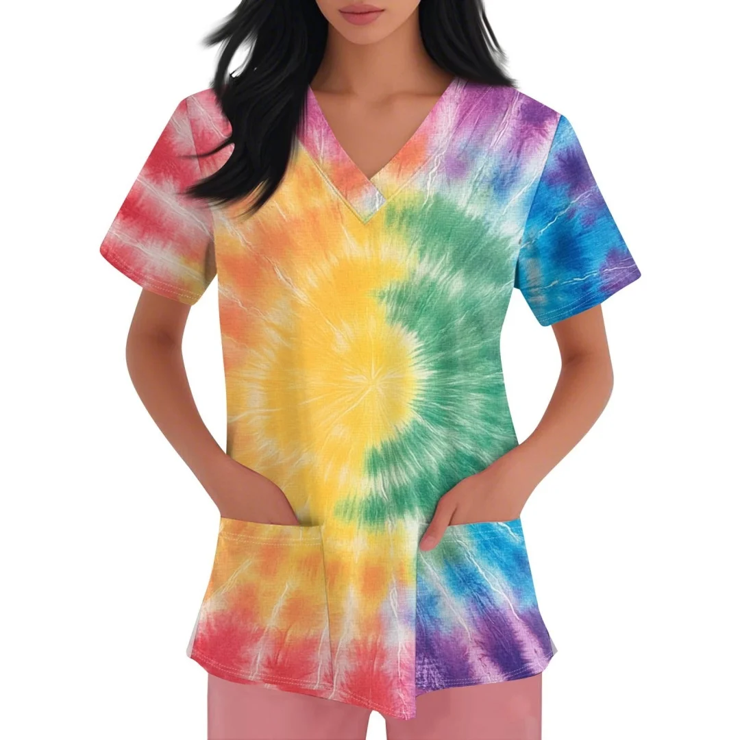

Colorful Tie Dye 3D Print T-Shirts Nurse Uniform Summer Women V-Neck Casual T-Shirt Tops Nurse Uniform Oversized Women Clothing