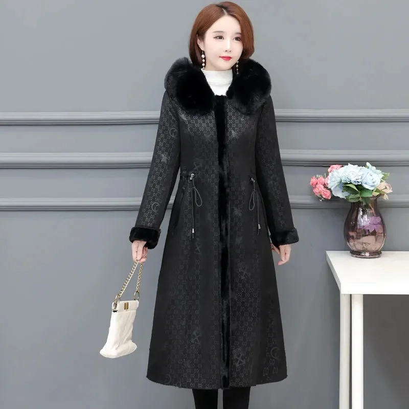 2023 Winter Middle aged Women\'s Wear Mom Fur Collar Cotton Coat Hooded Deerskin Fleece Double Sided Leather Fur One Piece Jacket