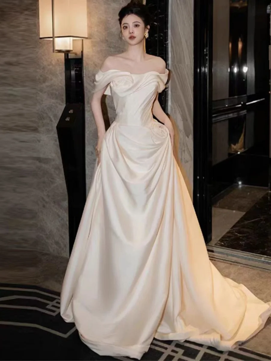 

Wedding Dr Satin One-oulder Bridal Gown Long Tail Evening Dr for Wedding Reception Entrance Guest eeting White