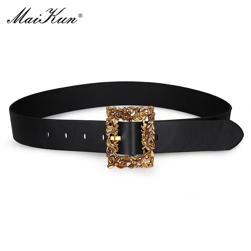 Maikun Vrouwen Riem Grote Vierkante Goud Vintage Gesneden Gesp Riem Elegante Pu Brede Riem