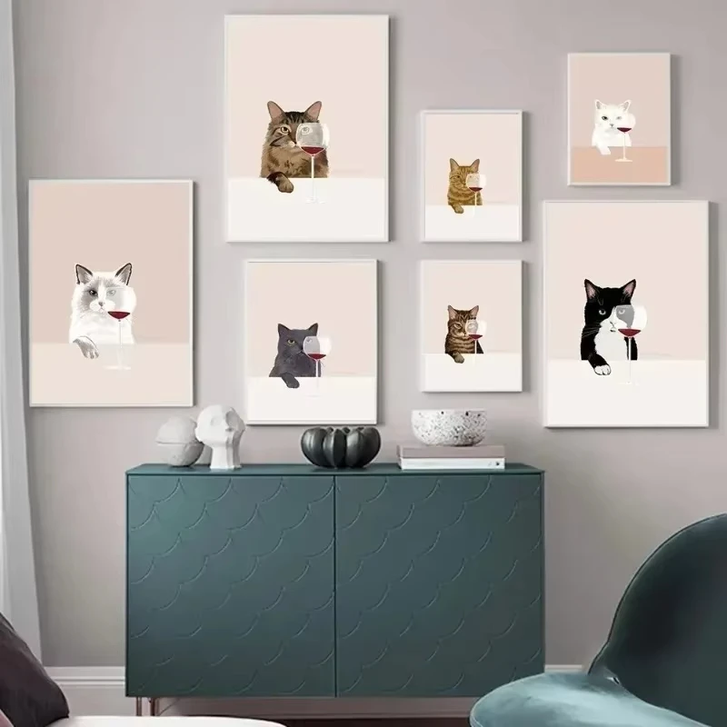 1PC frameless decorative art print,Whimsical Wine-Tasting Cat Canvas Print Minimalist Wine and Animal Canvas Wall Art Modern Hom