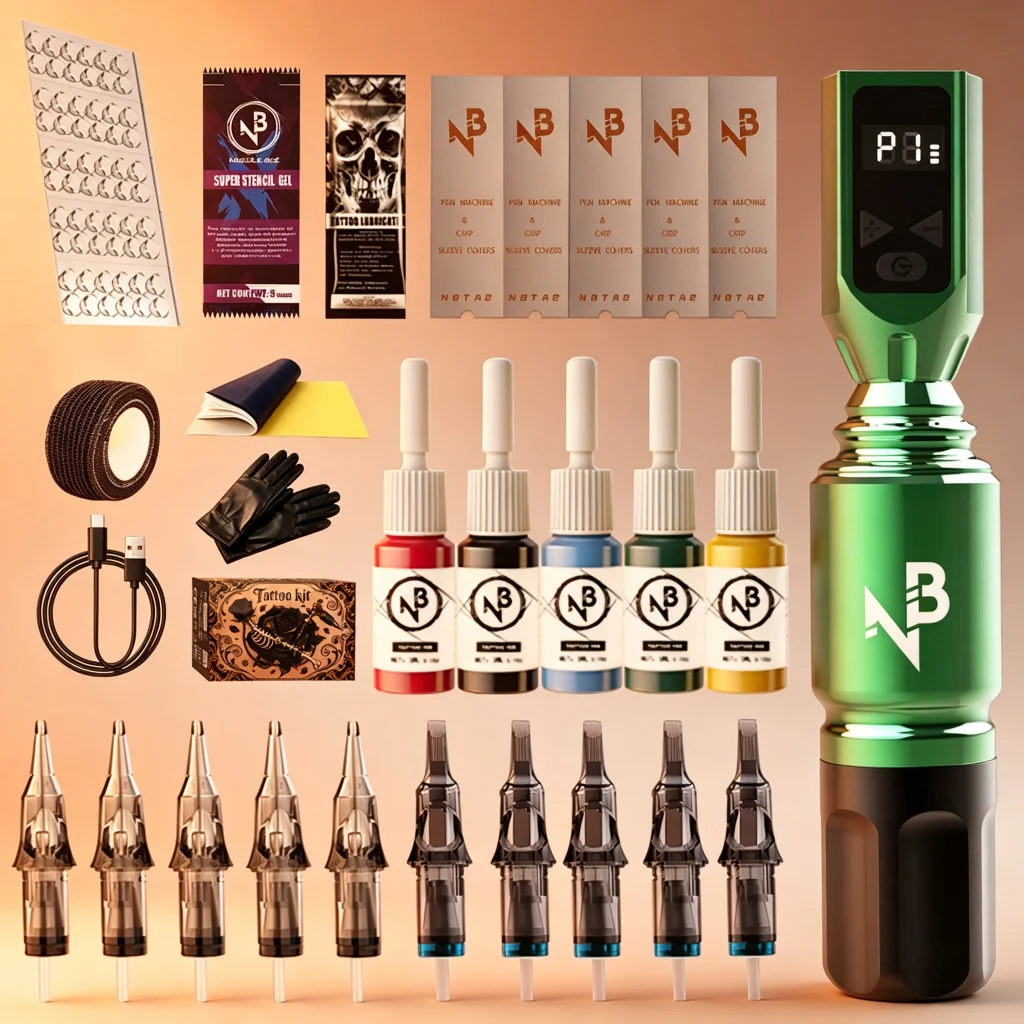 Wireless Rotary Tattoo Pen Machine Kit 1100Mah Integrated Power All in One Complete Tattoo Supplies Mixed Cartridge Needles Multicolor Tattoo Ink Practical Tattoo Tool Set for Beginners Professional Tattoo Practitioners