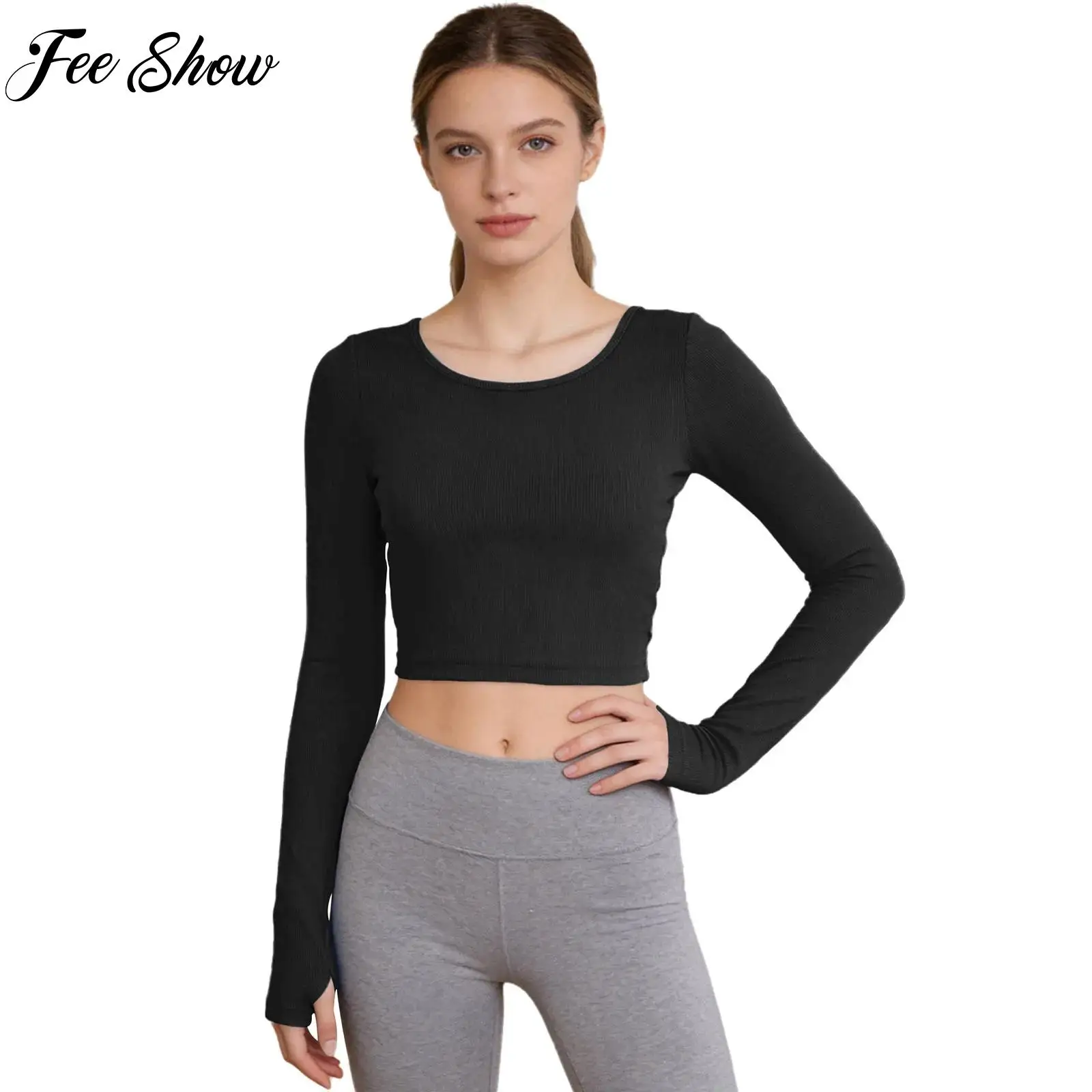 

Women Cross Back Yoga Tops Round Neck Long Sleeves Thumbhole Ribbed Crop Top with Removable Chest Pads for Gym Workout Running