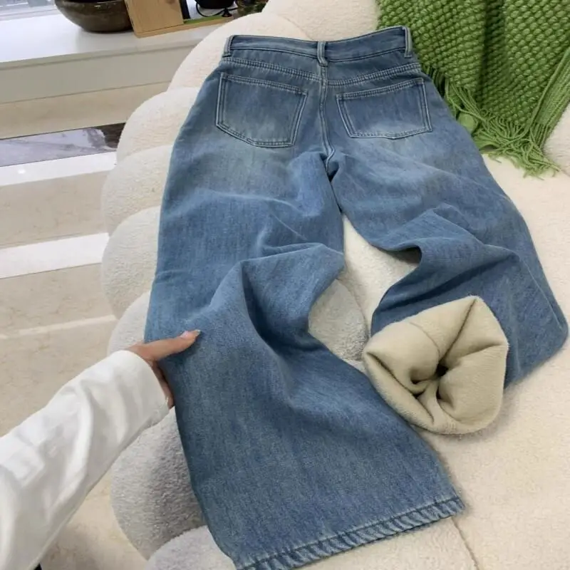 

Синие джинсы женские зимние на флисовой подкладке тонкие прямые брюки размера плюс с высокой талией свободные толстые теплые минималистичные широкие брюки