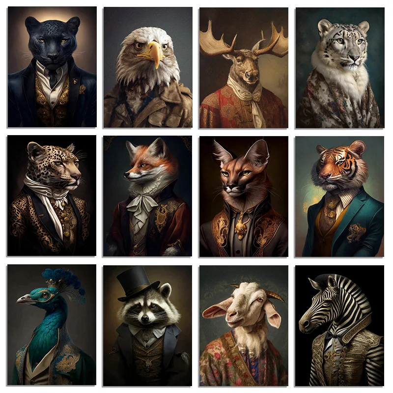 Vintage Aristocrat Animals Zebra Fox Tiger Eagle Sheep Panther Portrait Poster Canvas Paintings And Prints For Room Home Deco
