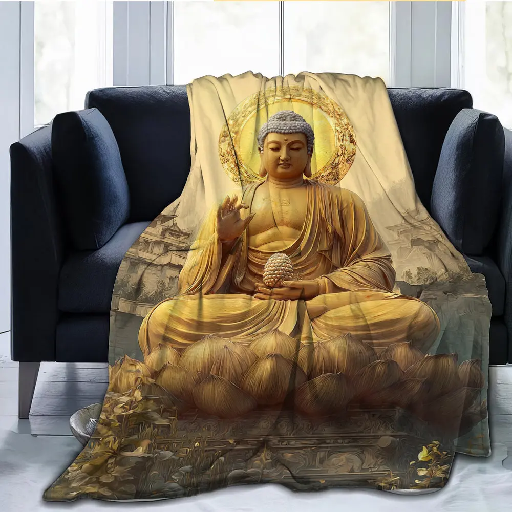 Buddha posture and flower design Flannel printed blanket suitable for all seasons suitable for living room office sofa travel