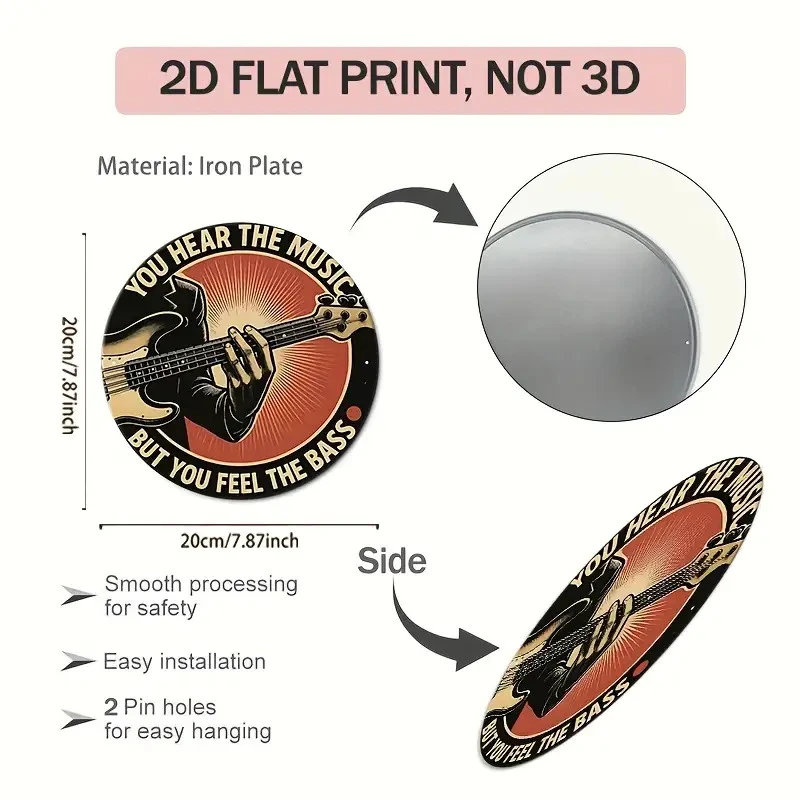 6Pcs Rock Roll Music Round Vinyl Record Metal Tin Signs, Retro Guitar Turntable Slogan Iron Plaque, Vintage Wall Decor For Bar