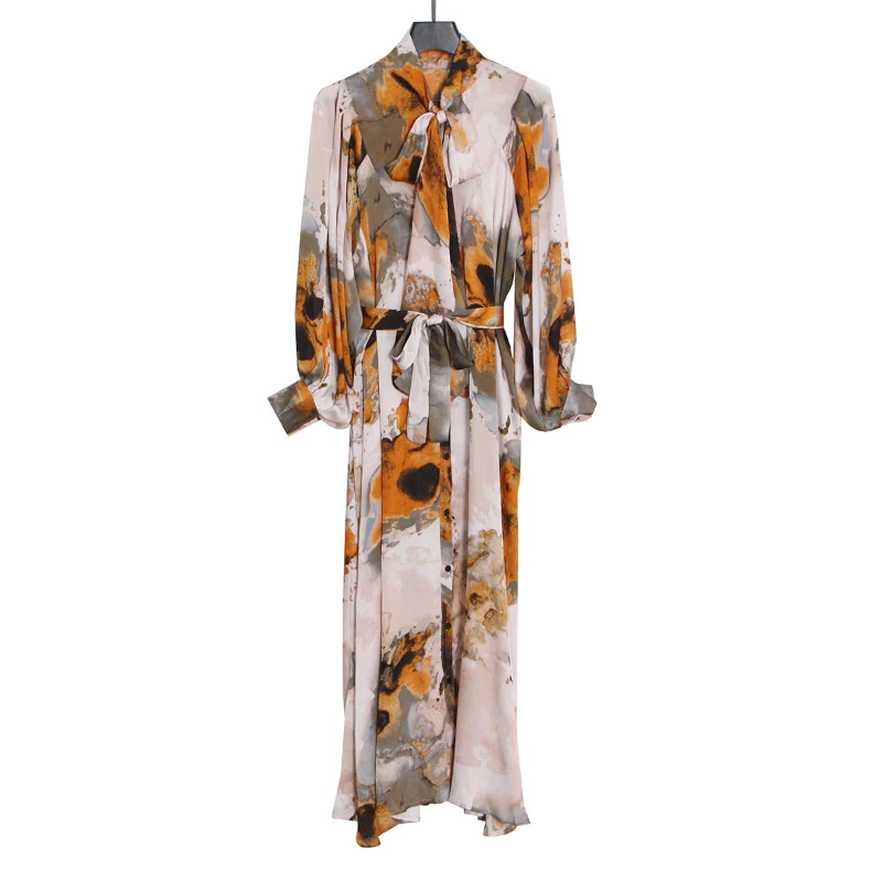 

Doris Fanny Vintage Print Midi Dresses For Women Bowknot Collar Long Sleeve High Waist Colorblock Dresses Female Autumn Clothes