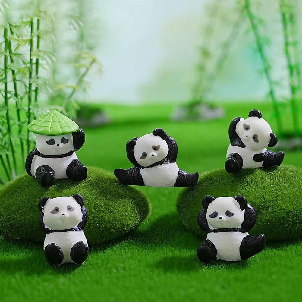 

6pcs Mini Panda Figurines Resin Cute Animal Decorations Garden Lawn Desktop Miniature Landscape Moss Compatible Durable Outdoor