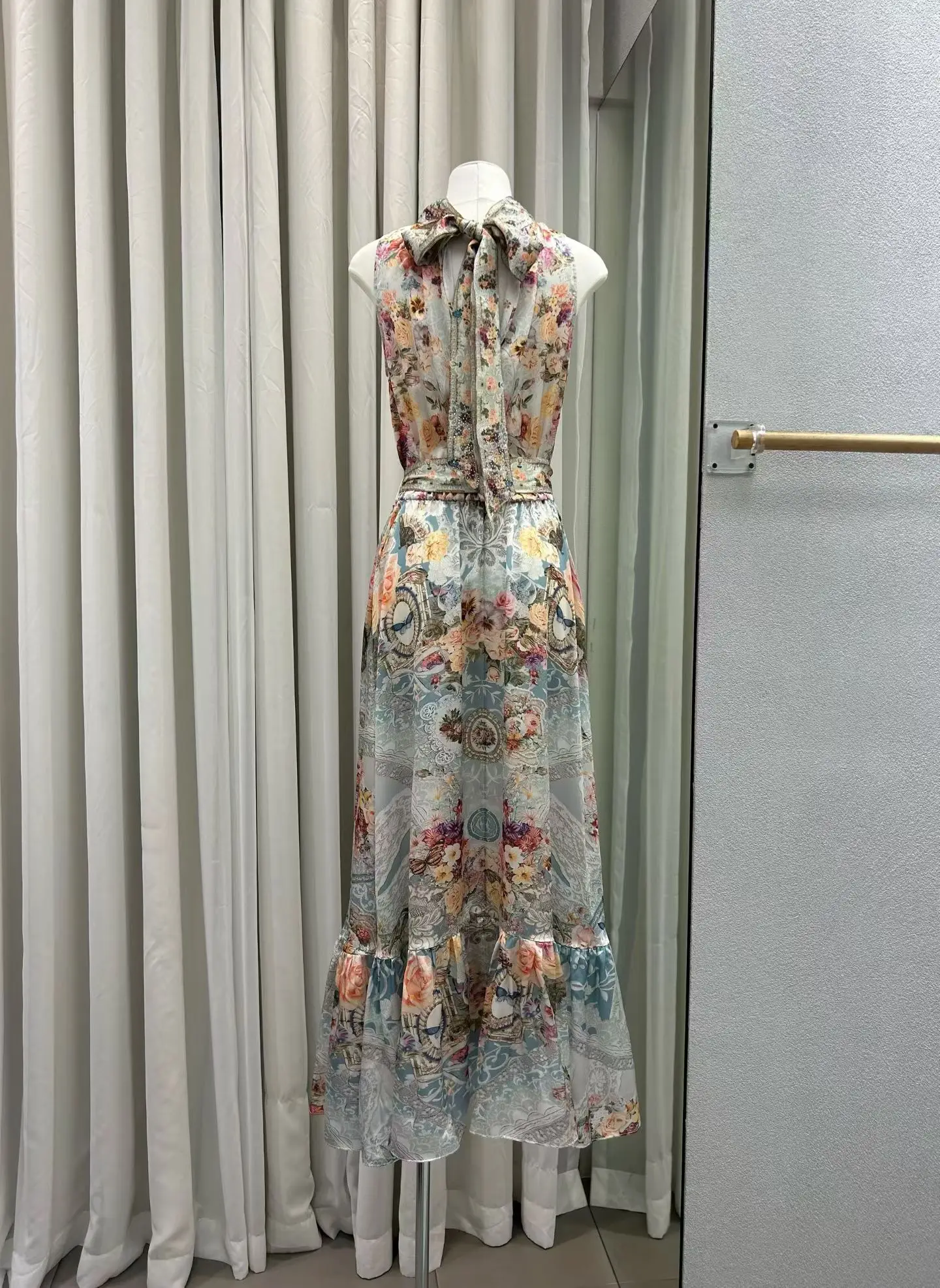 2026 Women Flower Print Maxi Dress Crystal Beaded Stand Collar Sleeveless High Waist Elegant Ladies 100% Silk Robe