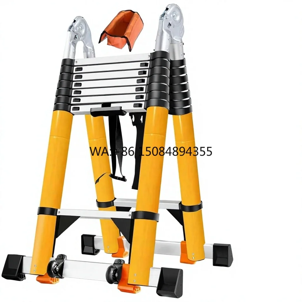 20FT Aluminum Frame Telescoping Collapsible Extension Ladder Double Balance Bars Securing Straps Wheels Tools Bag EN131