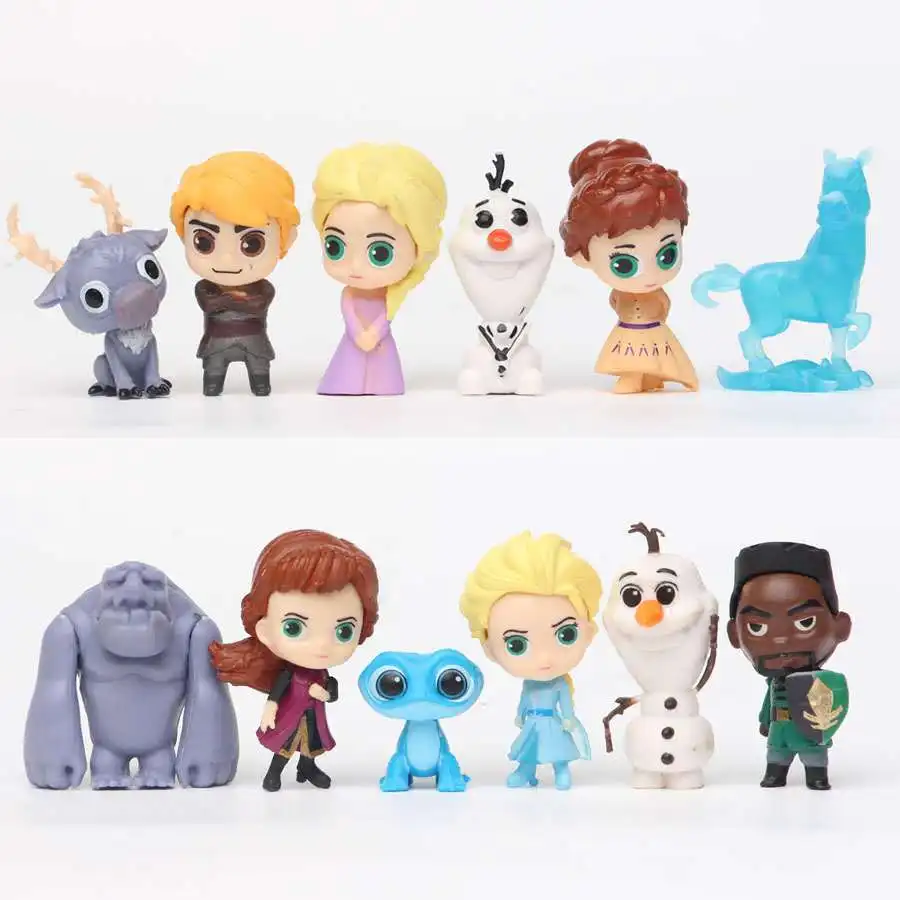 12Pcs Disney Frozen 2 Kawaii Elsa Anna Kristoff Olaf Fire Elves Action Figure Mini Model Hot Ornament Toys Girls Birthday Gifts