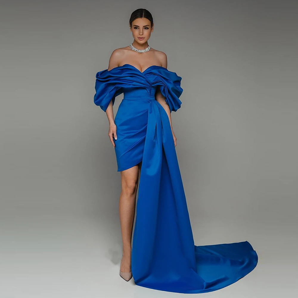 Royal Blue Off Shoulder Prom Dresses Pleat Detachable Train Satin Formal Evening Party Gown Mini Corset Vestido De Fiesta 2024