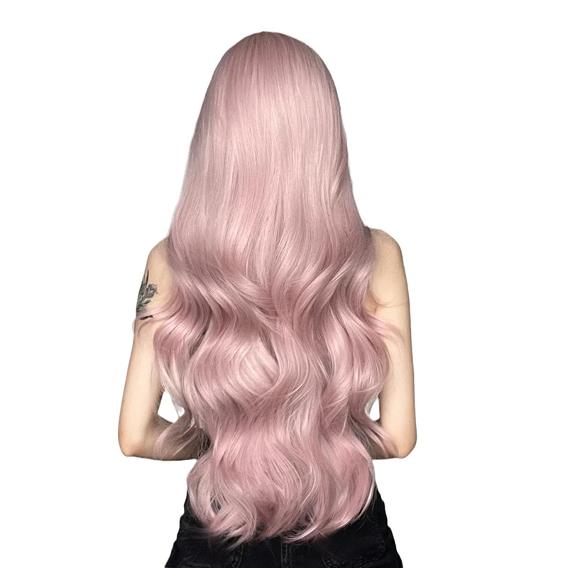 باروكة صناعية وردية اللون للهالوين مع شعر مستعار مموج ومموج للعب الأدوار مناسب للحفلات اليومية النسائية