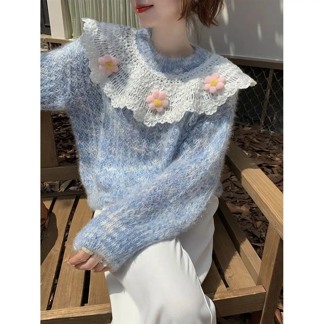 Korea Sweater Women Sweet Patchwork Knitted Top Korean Fashion Kawaii Knitwear Sweaters Girly Y2k Clothes
