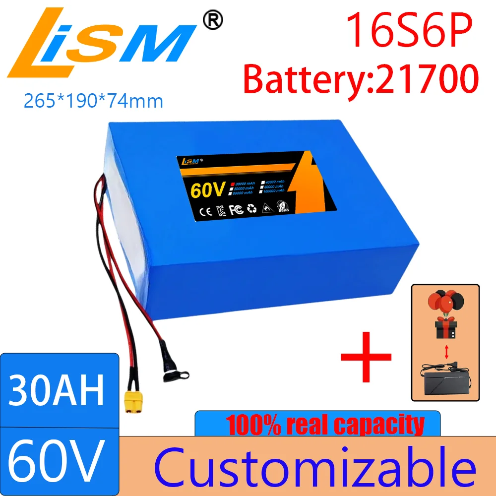 60V 30Ah 21700 16S6P Lithium Ion Battery Pack 2500W Power Tool Batteries Outdoor Backup Batteries With 40A BMS+67.2V charger