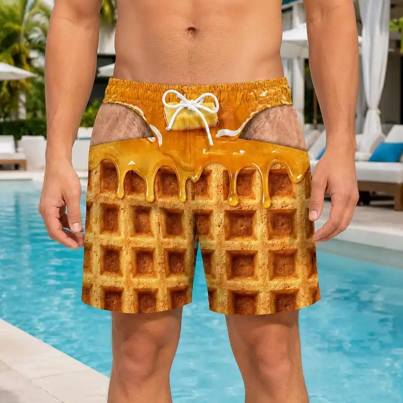 Men's Cartoon Fun Novelty Waffle Honey Printed Beach Shorts Pool Party Beach Dress Party Gift Halloween Style