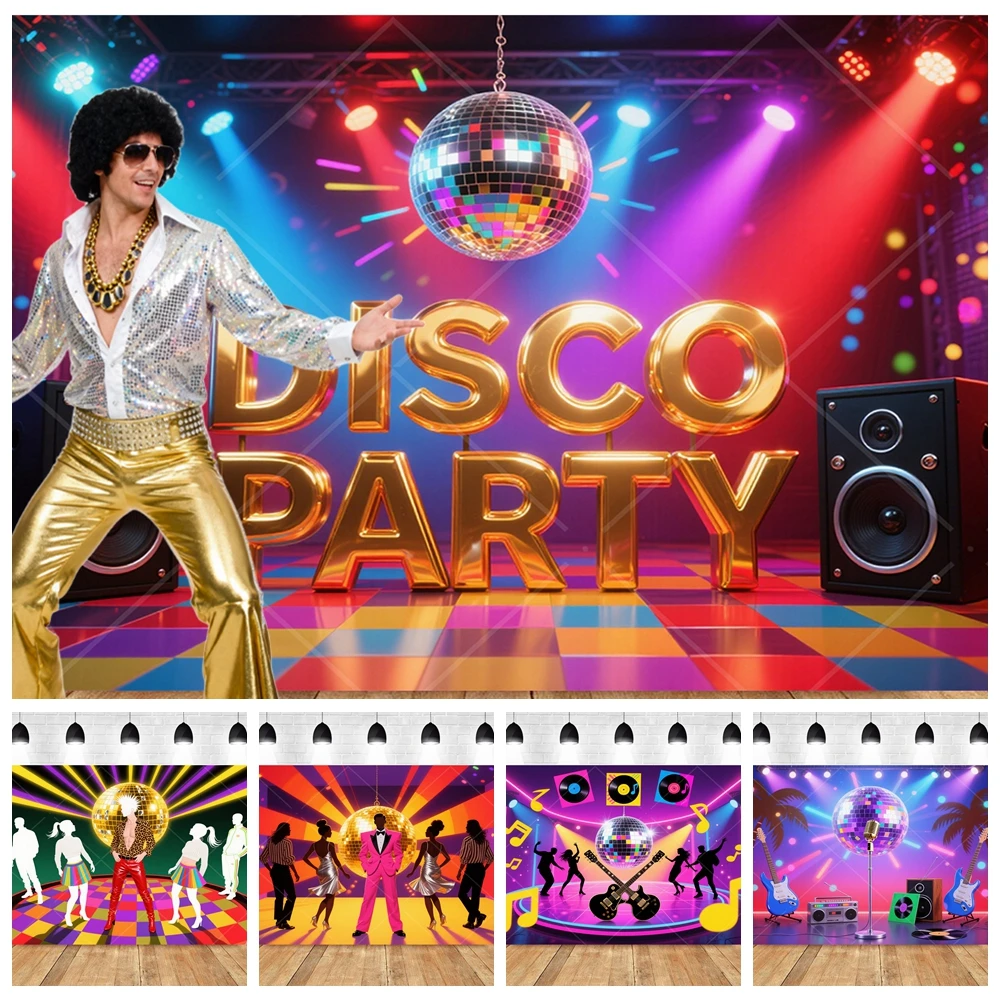 

​​Retro Disco Ball 70s 80s 90s Glitter Neon Party Photo Booth Backdrop Customizable Dance Music Stage Photography Background​​