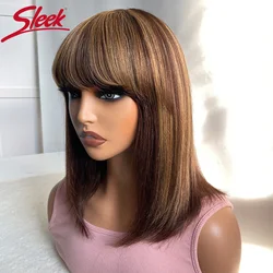 Sleek Straight Bob Human Hair Wigs With Bangs Brown Highlight Remy Brazilian Hair Wigs 100% Real Short Human Hair Wigs