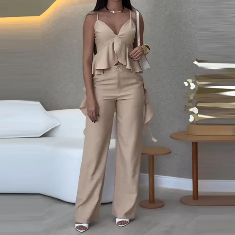 

Summer Sleeveless Commuting Outfits Sexy V Neck Ruffle Irregular Long Vest Top & Wide Leg Pant Sets 2025 Spring Solid Women Suit