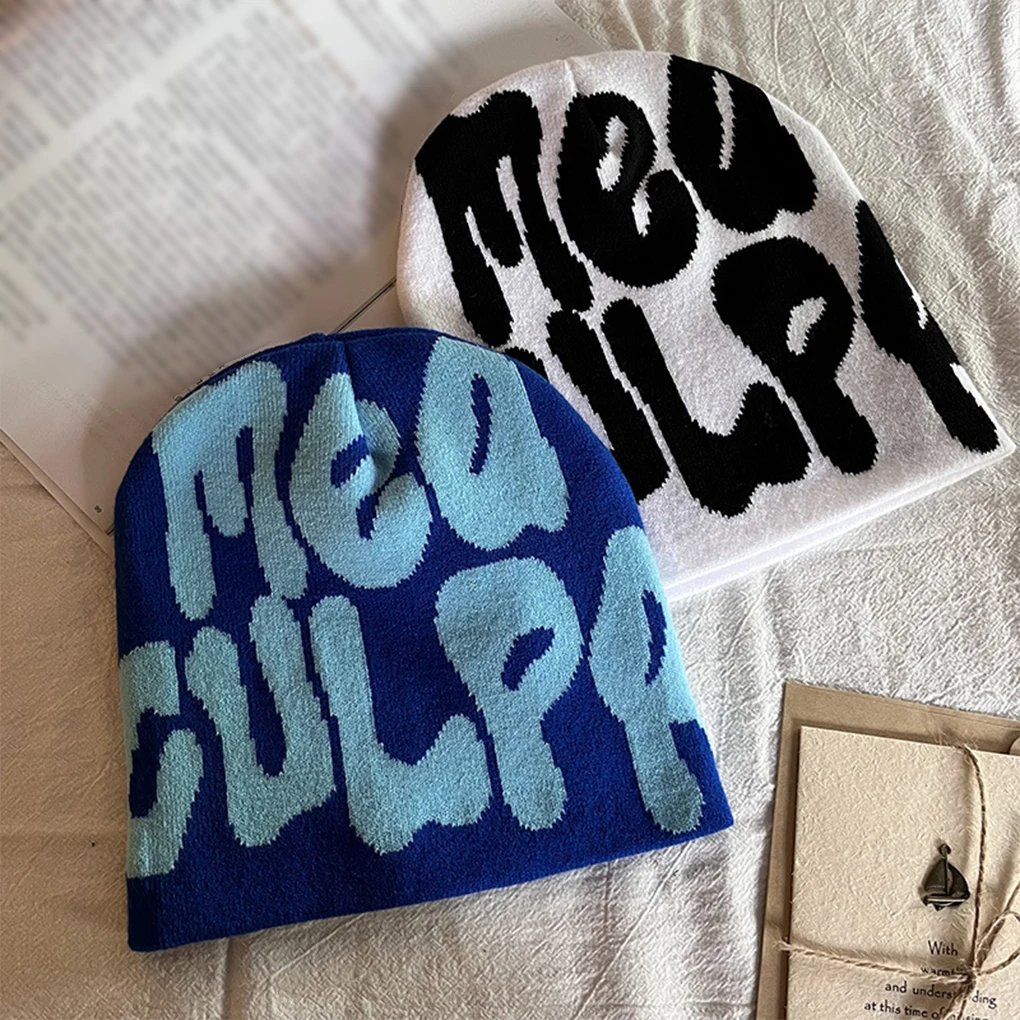Letter Print Knitting Cap Knitting Beanies Hat Men Women Paragraph Cap Mea Culpa Warm Hundred Take Cold Cap for Women Hats
