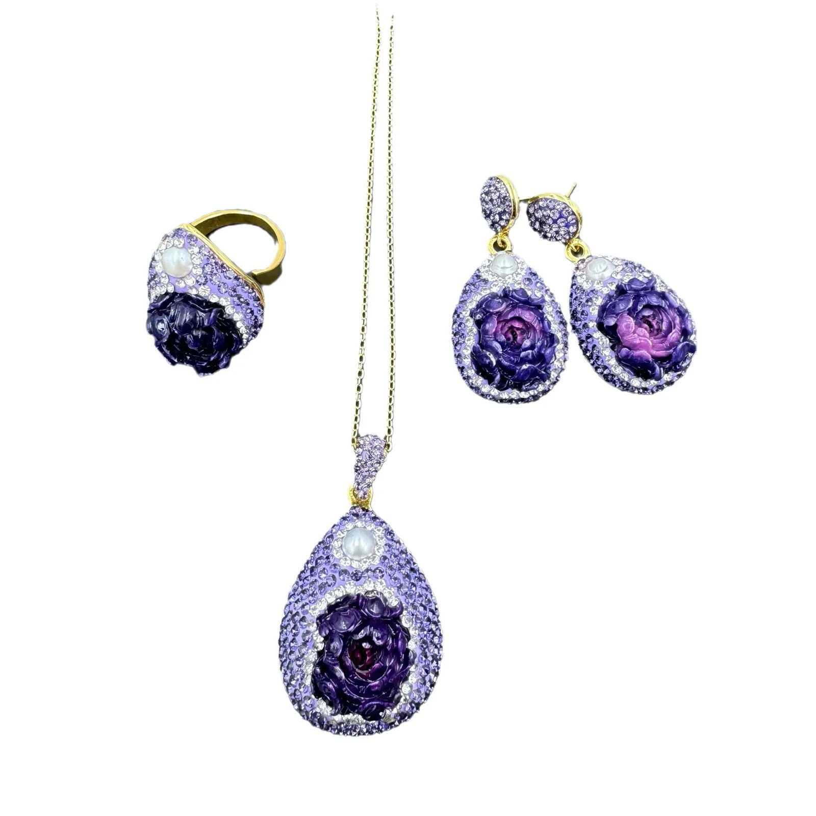 National style peony flower clothing hand-carved high-end jewelry light luxury jewelry crystal, necklace earrings ring