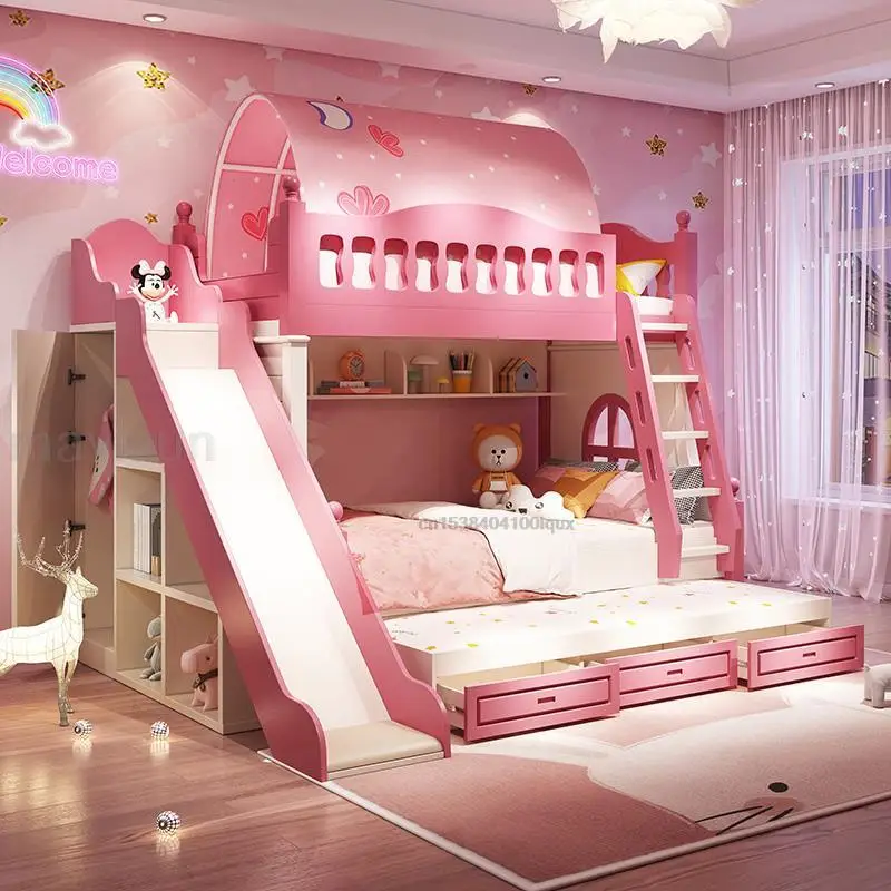 Cama Loft con cajones para niñas de 5 a 8 años, muebles de dos pisos, litera rosa, moda creativa y encantadora, gran oferta